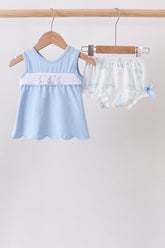 Blue Sailboat Smocked Scalloped Bloomer Set - Aaria Tees