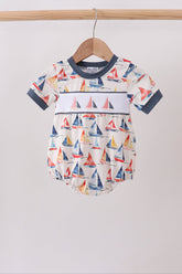 Blue Sailboat Smocked Bubble - Aaria Tees