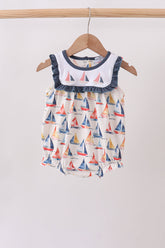 Blue Sailboat Embroidered Ruffle Bubble - Aaria Tees