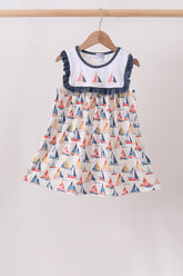 Blue Sailboat Embroidered Dress - Aaria Tees