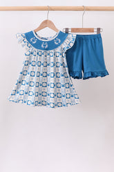 Blue Crab Embroidered Checkered Ruffle Shorts Set - Aaria Tees
