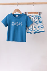 Blue Crab Embroidered Checkered Shorts Set - Aaria Tees