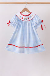 Blue School Bus Smocked Gingham Dress - Aaria Tees