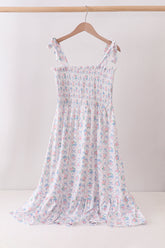 Blue Floral Smocked Mom Dress - Aaria Tees