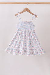 Blue Floral Smocked Ruffle Dress - Aaria Tees