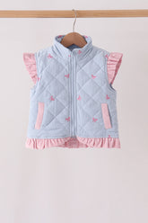 Blue corduroy bow embroidery ruffle vest - Aaria Tees