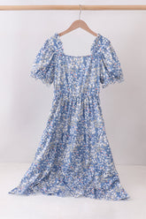Blue Floral Print Mom Dress - Aaria Tees