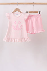 Pink Jack-O-Lantern Applique Ruffle Shorts Set - Aaria Tees