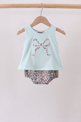 Blue Floral Bow Applique Bubble - Aaria Tees