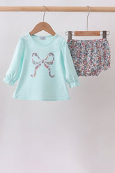 Blue Floral Bow Applique Bloomer Set - Aaria Tees