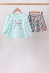 Blue Floral Bow Applique Skorts Set - Aaria Tees