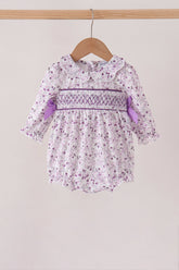 Purple floral smocked bow bubble - Aaria Tees