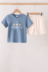Blue Hallo Fall Y'ALL Pumpkin Shorts Set - Aaria Tees