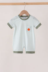 Sage pumpkin embroidery gingham romper - Aaria Tees