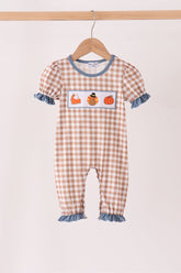 Brown turkey pumpkin embroidery gingham ruffle romper - Aaria Tees