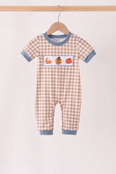 Brown turkey pumpkin embroidery gingham romper - Aaria Tees