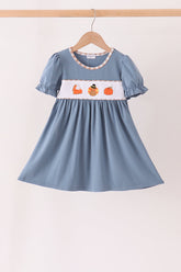 Blue turkey pumpkin embroidery dress - Aaria Tees