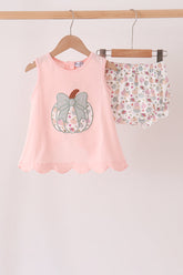 Pink pumpkin bow applique bloomer set - Aaria Tees