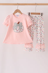 Pink pumpkin bow applique ruffle pants set - Aaria Tees