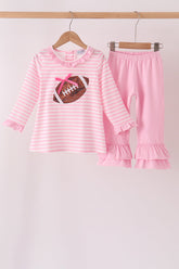 Pink football sequin stripe ruffle pants set - Aaria Tees
