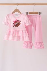 Pink football sequin stripe ruffle pants set - Aaria Tees