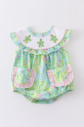 Green Turtle Embroidered Ruffle Bubble - Aaria Tees