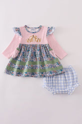 Blue floral pumpkin embroidery ruffle bloomer set - Aaria Tees