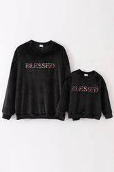 Black velvet blessed embroidery mom&me sweatshirt - Aaria Tees
