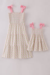 Pink lemon print bow smocked tiered mom&me dress - Aaria Tees