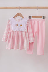 Pink plaid print turkey embroidery girl set - Aaria Tees