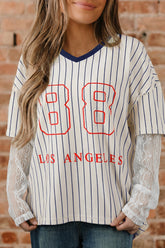 Blue Stripe 88 LOS ANGEL Graphic Lace Patchwork Faux Two Piece V Neck Top - Aaria Tees