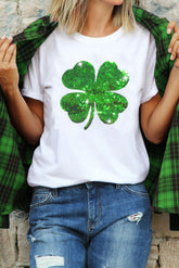 White Sequin Clover Patch Graphic St Patrick Fashion Tee - Aaria Tees