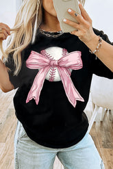 Black Baseball Bow Knot Print Round Neck T Shirt - Aaria Tees