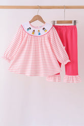 Pink Stripe Princess Embroidery Ruffle Pants Set - Aaria Tees