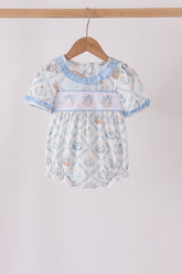 Blue pumpkin embroidery ruffle bubble - Aaria Tees