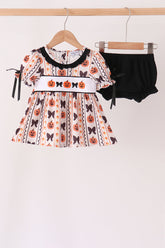 Pumpkin bow embroidery ruffle bloomer set - Aaria Tees
