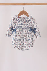 Teal floral smocked bow bubble - Aaria Tees