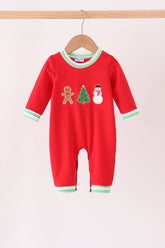 Red Gingerbread Tree Embroidery Romper - Aaria Tees
