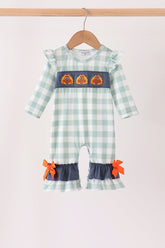 Sage Turkey Embroidery Gingham Ruffle Romper - Aaria Tees