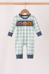 Sage Turkey Embroidery Gingham Romper - Aaria Tees