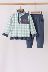 Sage Turkey Embroidery Gingham Ruffle Jogger Set - Aaria Tees
