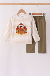 Olive turkey applique stripe pants set - Aaria Tees