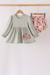 Sage Turkey Applique Bow Bloomer Set - Aaria Tees