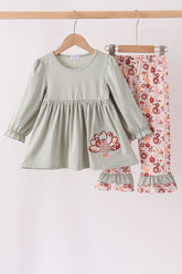 Sage Turkey Applique Ruffle Pants Set - Aaria Tees