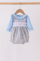 Blue Floral Bow Smocked 2pc Bubble Set - Aaria Tees
