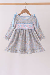 Blue Floral Bow Smocked Ruffle Dress - Aaria Tees