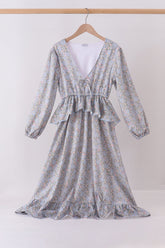 Blue Floral Ruffle Mom Dress - Aaria Tees