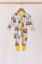 Yellow Construction Trucks Zip Bamboo Romper - Aaria Tees
