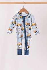 Blue Construction Trucks Zip Bamboo Romper - Aaria Tees