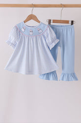 Blue ghost embroidery gingham ruffle pants set - Aaria Tees
